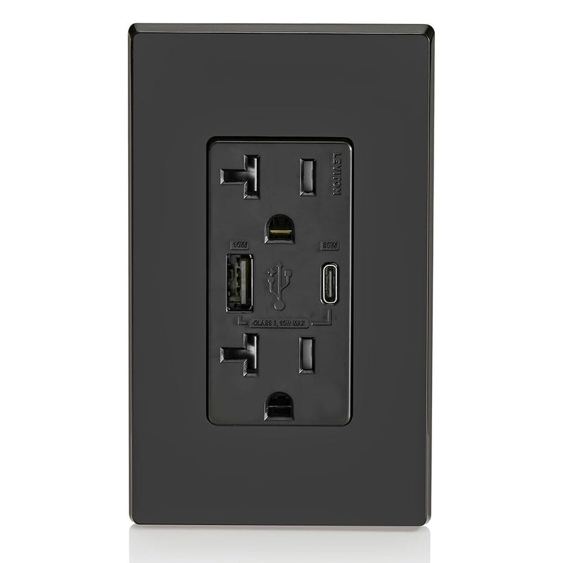 Leviton T5834-E 60W (20V@2.5A+ 5V@2A) USB Dual Type A/Type-C Power Delivery in-Wall Charger with 20A Tamper-Resistant Outlet, USB Charger for Smartphones, Tablets, Laptops, Black Type A/C 60W USB