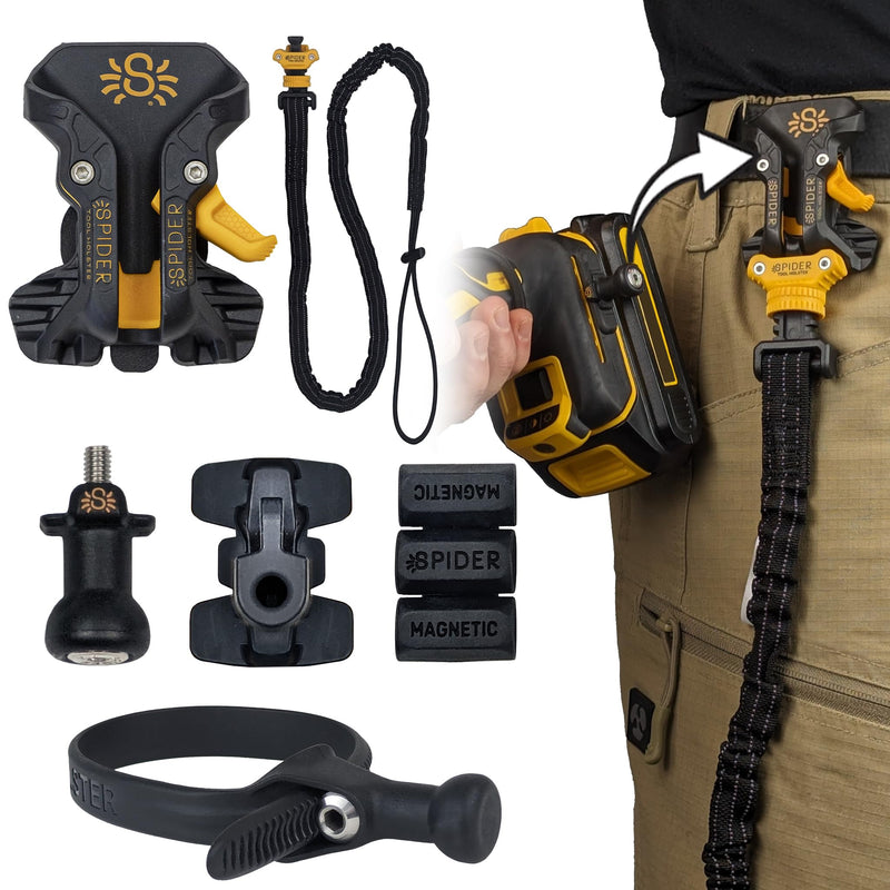 Spider Pro Tool Holster + Fall Prevention Tool Tether + 1 Pro Grip + 1 Drill Pin + 1 Adhesive Tab - Upgraded, Belt Mounted, Self Locking Holder System for Any Device