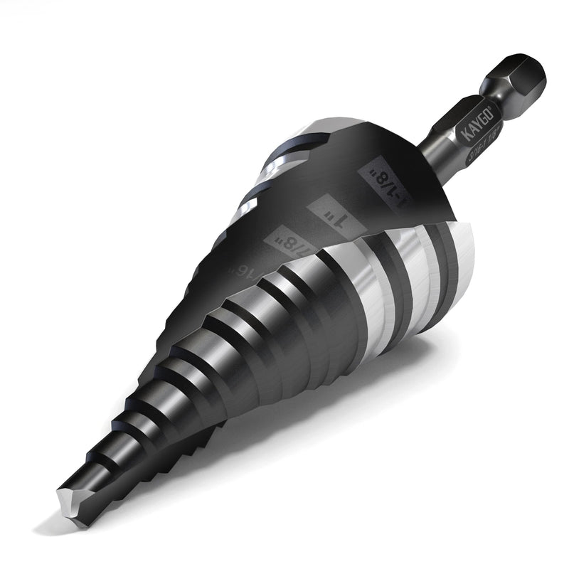 KAYGO M35 Step Drill Bit,3/16 to 1-1/8 inch Unibit Step Bit with Double Sprial Flute,1/4 -inch Hex Shank Drill Bit for Metal,Stainless Steel, Aluminum,Copper,Wood,PVC 3/16"- 1-1/8"