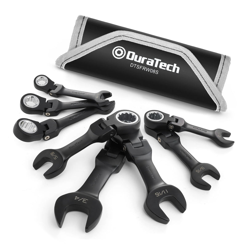 DURATECH Stubby Flex-head Ratcheting Combination Wrench Set, SAE, 8-piece, 5/16" to 3/4", CR-V Steel, Black Electrophoretic Coating, with Rolling Pouch