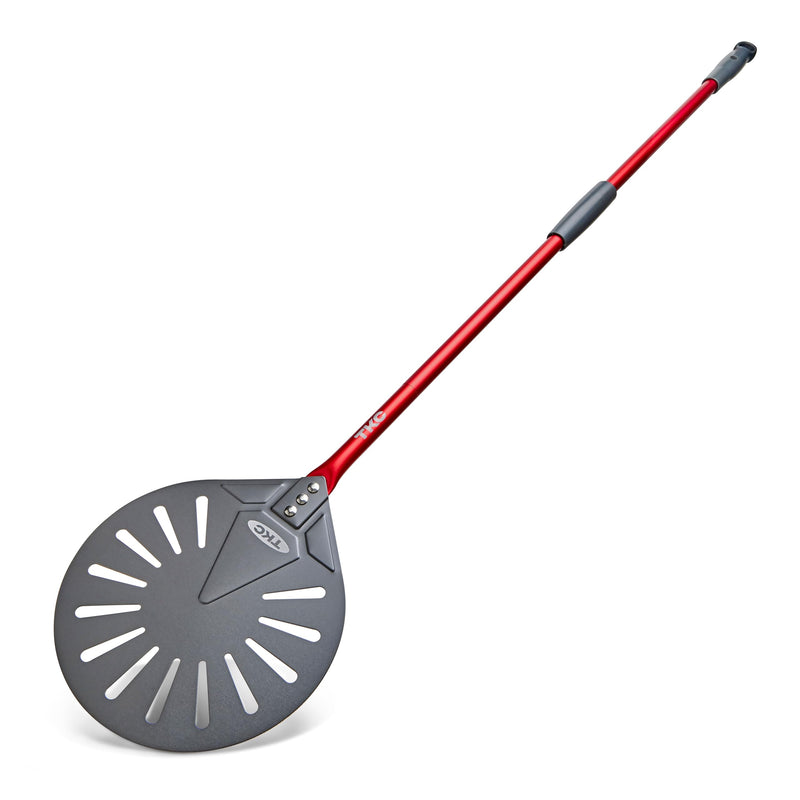 TKC 9" Perforated Pizza Peel, Professional Aluminum Pizza Turning peel, Long Handle Metal Pizza Spatula for Indoor and Outdoor, Lightweight Non-Stick Pizza Turner - Pizza Oven Accessories RED 9 Inch Red/Gray