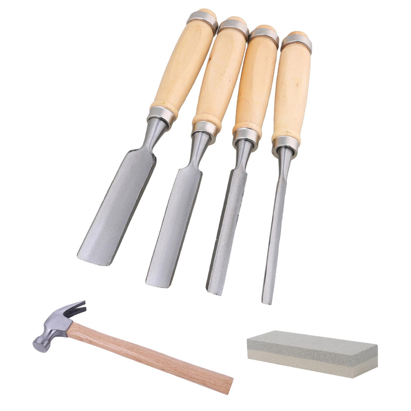 CNBTR 4PCS Wood Chisel Set 1/4" 1/2" 3/4" 1" Kit w/Hammer 8 oz Stone 120 240 Grit for Woodcarving