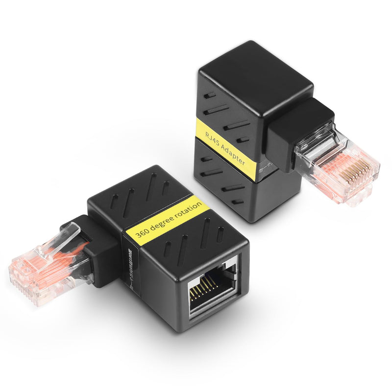 2 Pcs 360 Degree Ethernet Adapter，Gigabit 90 Degree Angle Network LAN Cat5 Cat6 Extension Adapter，1000Mbps RJ45 8P8C Male to Female Connector for Computers, Laptops, Routers