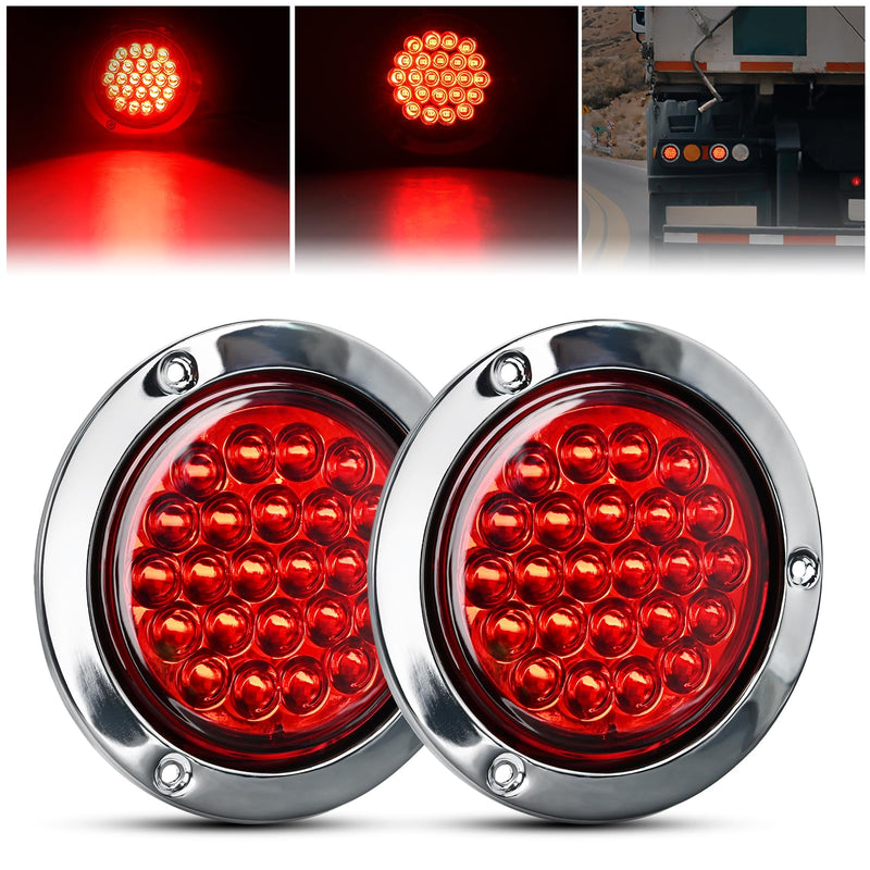 GOOACC 4Inch Round Tail Light 2PCS Red 24LED w/Stainless Steel Chrome Bezel Waterproof Stop Brake Turn Signals Lights for Truck Trailer RV Lorry Boat Tractor Red 24Led 2Pcs Screws