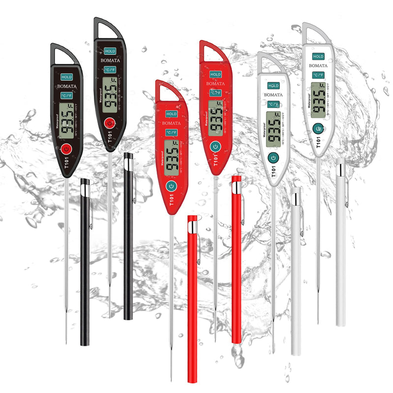 BOMATA 6 Pack Waterproof IPX7 Meat Thermometer Instant Read Food Thermometer with Long Probe for Water, Liquid, Kitchen Cooking, Grill,BBQ ! T101 X 6 Pcs (Black & Red & White)… Black,Red,White