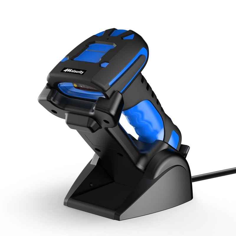 Alacrity Wireless Charging Barcode Scanner, 1D/2D Symbologies, Global Shutter Scan Sensor, Long-Distance 433MHz Wireless & Bluetooth Connectivity, Industrial Shock and Dust-Proof Barcode Reader, Blue Blue-2D