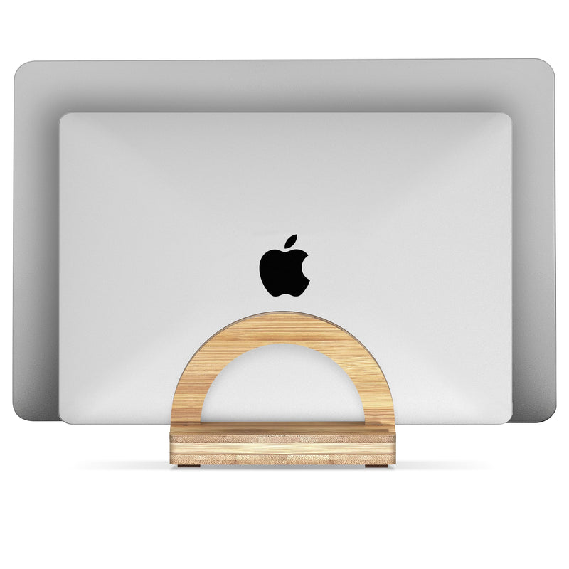 Kothar Premium Wood Vertical Laptop Stand - Adjustable Dual Slot Bamboo Holder for MacBook, Dell, HP, and More | Space-Saving Desktop Organizer | Eco-Friendly, Sleek & Durable Design Natural