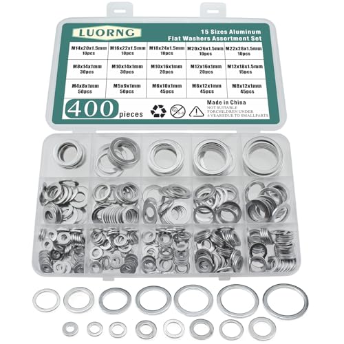 400PCS Aluminum Flat Washers Assortment Set 15 Different Sizes M4 to M22 Suitable for Domestic and Commercial Appliances Electrical Applications and Electrical Connections for Marine Use