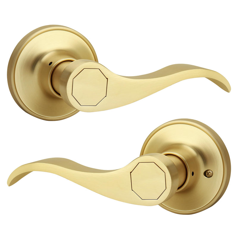 Brushed Gold Wave Style Passage Door Handle Without Keys, Non-Locking Door Lever for Hallway/Closet in Satin Brass Finish, No Lock Reversible Lever for Left/Right Doors 1 Pack Passage {Without Lock&Keys}
