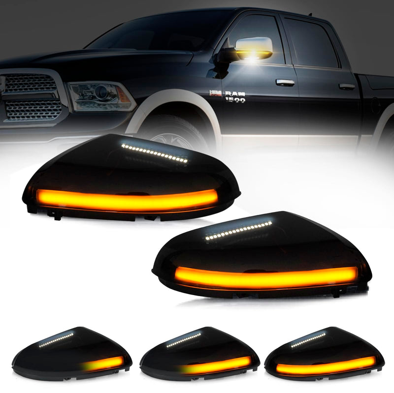 D-Lumina Sequential LED Side Mirror Turn Signal Lights Smoked Lens Puddle Light Assembly for Dodge Ram 1500 2009-2018, Ram 2500 3500 2010-2018, Dynamic Indicator Strip Mirror Marker Lamp, Pack of 2 Smoked Cover Sequential Amber ＆ White