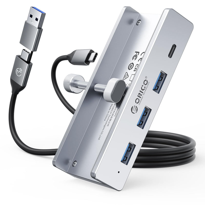 ORICO USB Hub 3.0, Clamp USB Hub with Extra Power Port, Aluminum 4-Port USB Adapter with 3 USB-A Data Ports, USB-C Port for Monitors, Desks(Silver) Silver