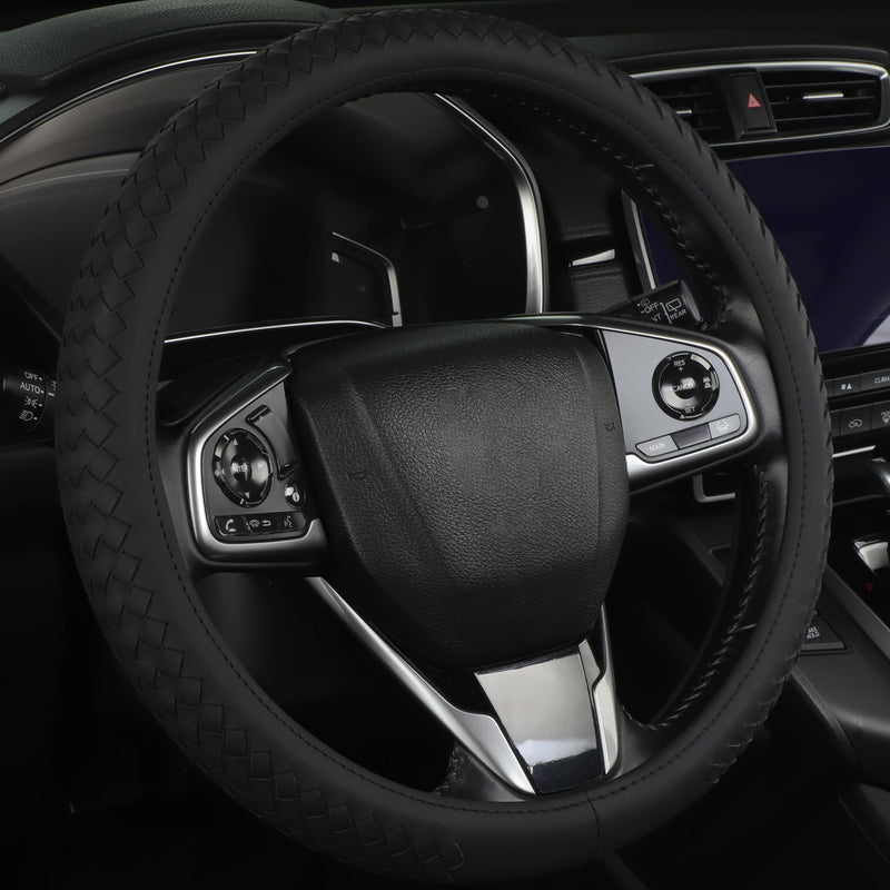 Leather Steering Wheel Cover Men，with Black Woven Pattern Car Accessories ，Anti-Slip, Safety, Soft, Breathable, Adaptable to 14.5-15 inches Steering Wheel Fit SUV， Jeep， Van，Sedan，Car Black+Woven Pattern