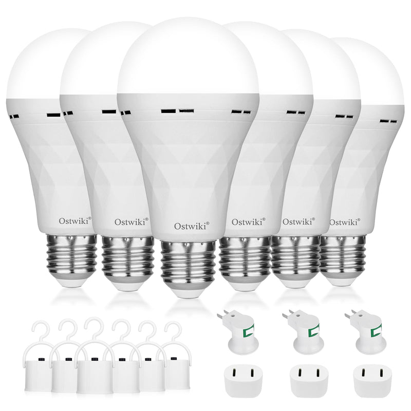 Ostwiki Rechargeable Emergency Light Bulbs 6 Pack Battery Operated Backup Light Bulbs for Power Outage Camping 9W E27 8500K Daylight Self-Charging Lamps for Home Hurricane Preparedness 8500k Cool White