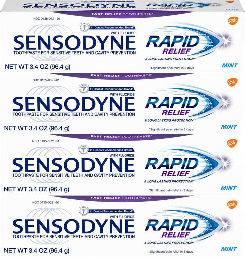 Sensodyne Rapid Relief Sensitivity and Cavity Prevention Toothpaste, Mint, 3.4 oz (96.4g) - Pack of 4
