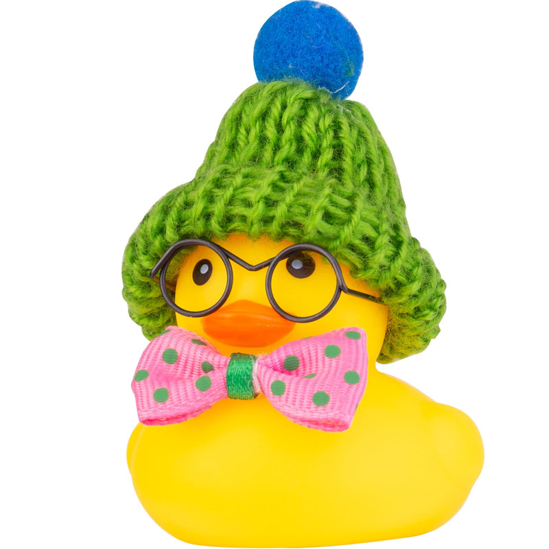 Car Rubber Duck Ornament, Winter Duck Car Dashboard Decoration with Mini Beanie Hat Bow Tie and Glasses(C2) C2-circular Glasses-rose Bow&green