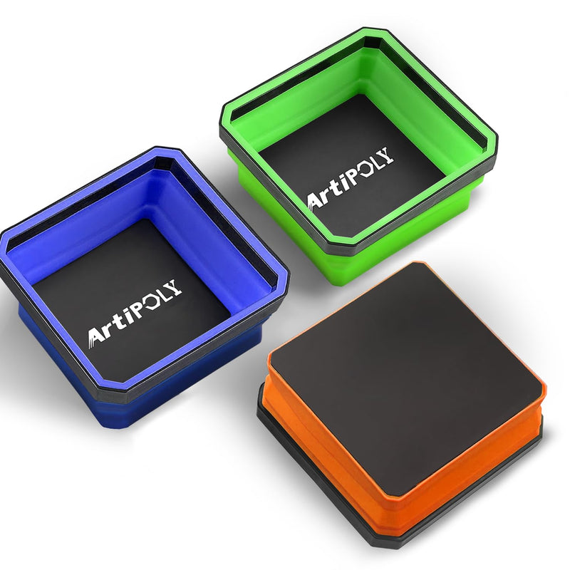 Collapsible Magnetic Parts Tray Set, 3 Pack Foldable Silicone Magnetic Tool Trays for Bolts Screws Nuts & Small Metal Parts, 4.5” Upgraded Square Silicone Bowls with Dual-Sided Magnetic Base