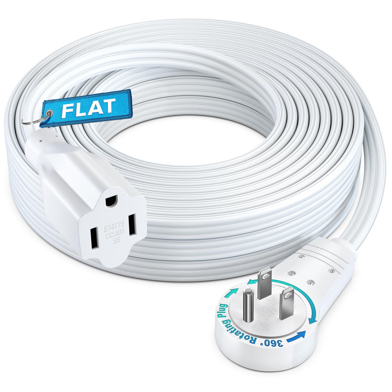 Maximm 360 Rotating Flat Plug Extension Cord 30 feet with Slim Space-Saving Plug Design, Low Profile (White) White