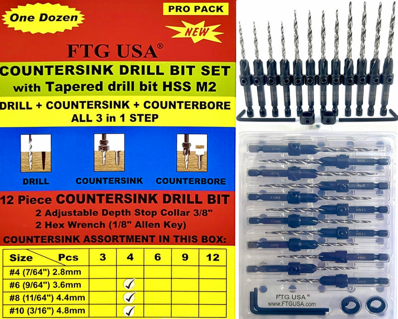 FTG USA Countersink Drill Bit Set 4 Pc #6(9/64"), 4 Pc #8(11/64"), 4Pc #10(3/16") with Tapered Drill Bits for Woodwork with Storage Container #6#8#10 4 Pc with Depth Stop