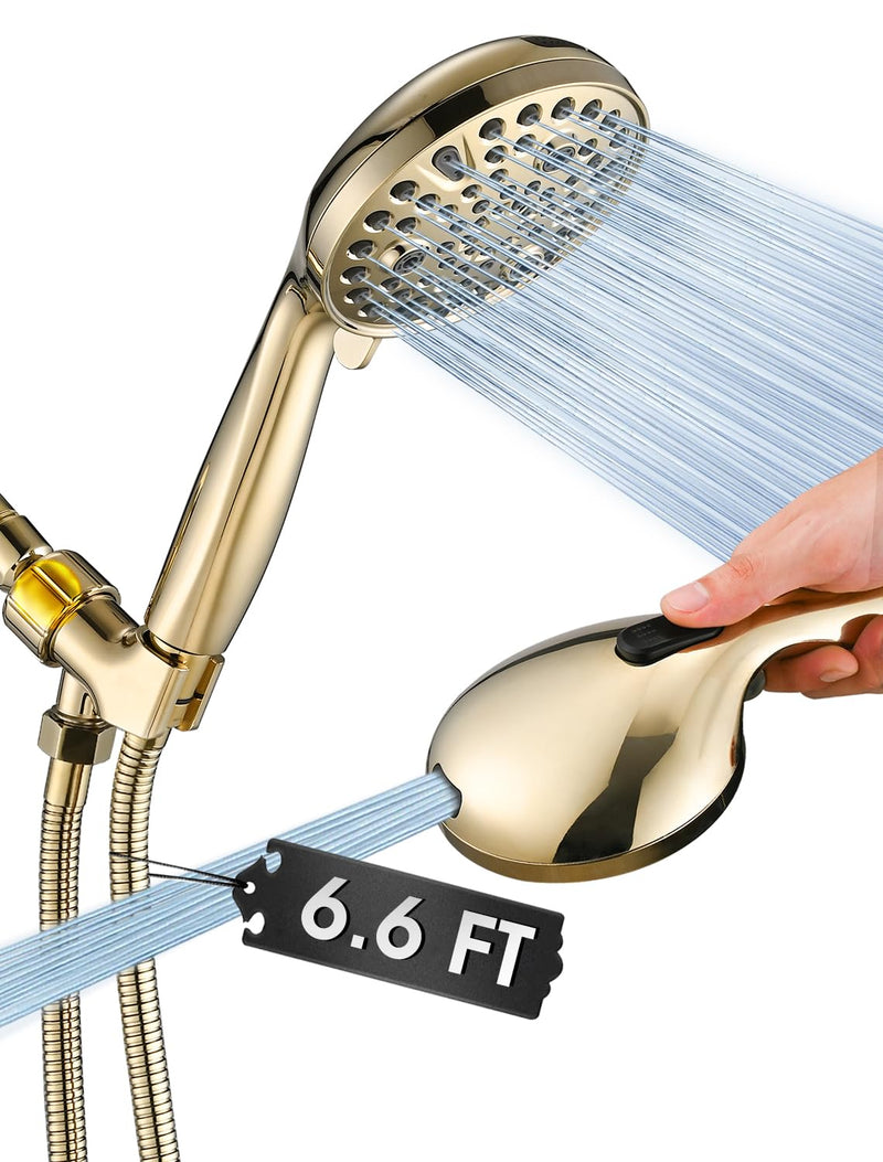 High Pressure 10 Setting Handheld Shower Head, 5" Detachable Showerhead Spray Built-in Power Wash to Clean Tub, Tile & Pets, 79" Extra Long Stainless Steel Hose, Adjustable Bracket - Gold Zirconium Gold