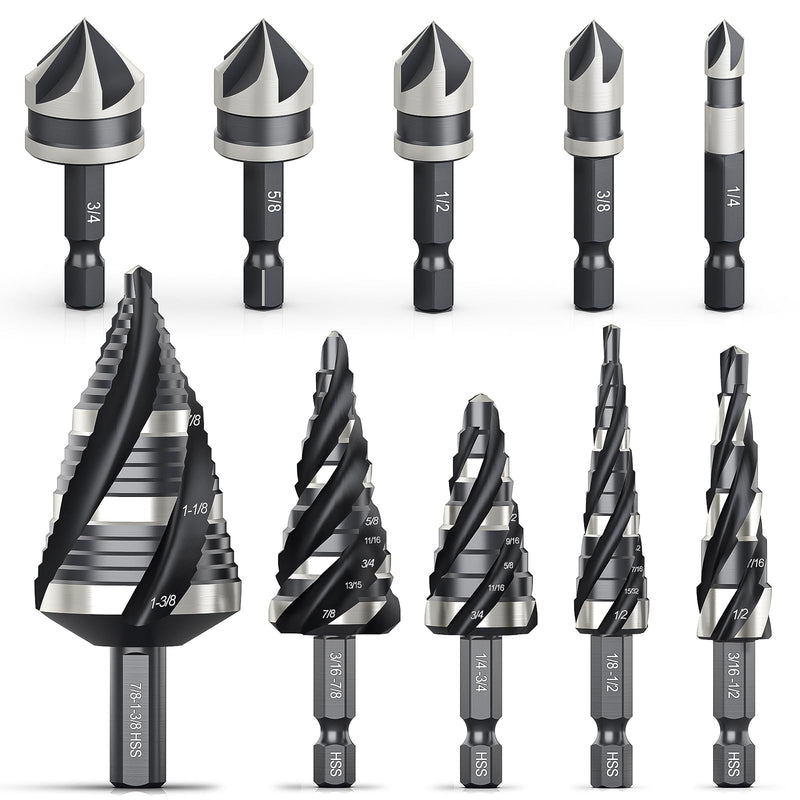 THINKWORK 5 Pcs Four Spiral Flute Step Drill Bit Set & 5 Pcs Countersink Drill Bits with Tool Box, Nitriding HSS Drill Bits for Metal, Aluminum, Wood, Plastic 1/8"-1-3/8" (10Pcs)