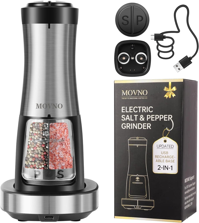 MOVNO 2 in 1 Rechargeable Electric Salt and Pepper Grinder Set with Charging Base, No Need Battery Automatic Salt and Pepper Grinder, One-Handed Operation, Adjustable Ceramic Grinder with LED Light Black
