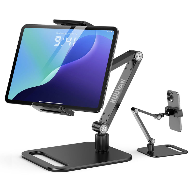 Tablet Stand Holder for iPad, Portable Monitor Stand Holder 15.6'',17.3'', Aluminum Alloy Foldable Arm Mount with 360° Swivel Desk Mount Compatible with 4.7-17.3inch Tablet, Cell Phone (Black) Black