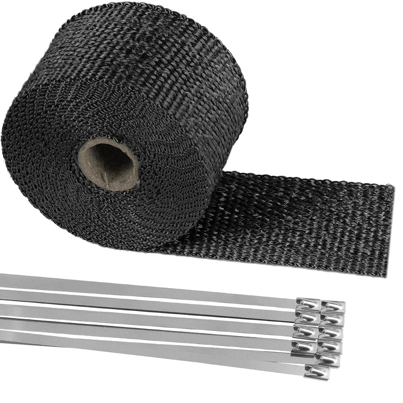 Deecam Exhaust Heat Wrap, 2'' x 16.5' Black Fiberglass Heat Resistant Exhaust Wrap Roll for Motorcycle, Car Exhaust Pipe Heat Insulation Muffler Tape with 10 Stainless Locking Ties 5M