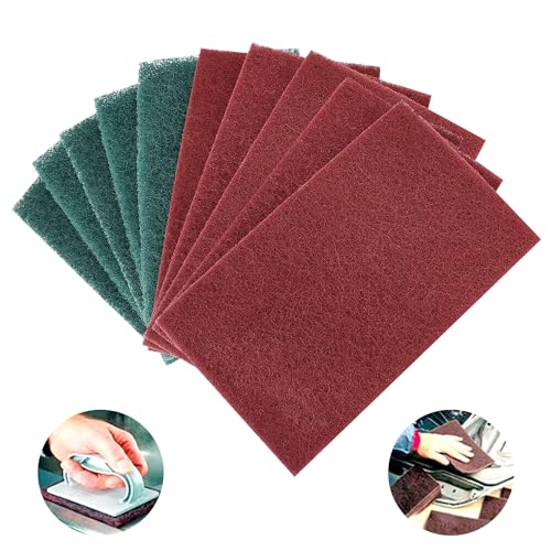 Scuff Pads - 10Pcs Scouring Pad 7447 - Very Fine Grade Hand Pads General Purpose Sanding Hand Pads 200 x 125mm/8" x 5" 5 Red+5 Green 8'' * 5''