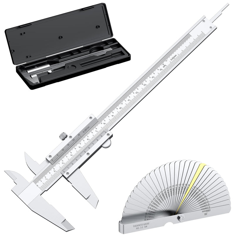 HDLNKAK Vernier Caliper 6 Inch + Stainless Steel Feeler Gauge 32 Blade, 6" Stainless Steel Non Digital Caliper, 0-6Inch/0-150mm，0.02mm/0.001" High Precision Caliper 6inch 0.01inch caliper + feeler gauge