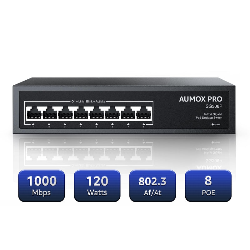 8 Port PoE Switch Gigabit 120W, Gigabit Unmanaged Ethernet Switch, Plug & Play, 802.3af/at Compliant, Metal Housing, 8-Port Network Switch for Home/Office Energy Efficient Silent Operation 8 Port| 8 Port PoE Gigabit 120W