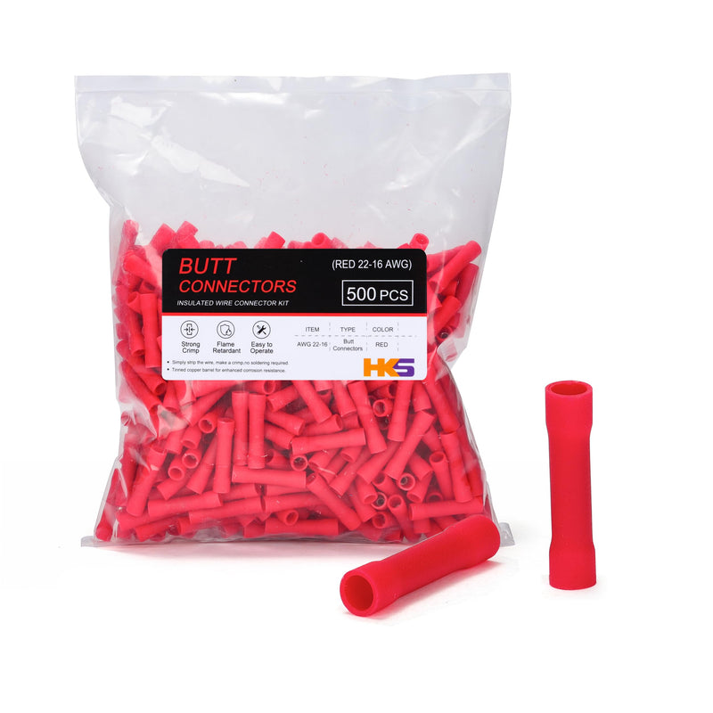 HKS 500 PCS Vinyl Insulated Butt Connector Red 22-16 AWG - Electrical Connectors - Tinned Red Copper 0.7mm - Automotive Crimp Insulated RED 500PCS