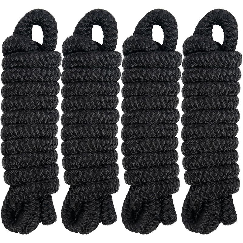 Obcursco 4 Pack 3/8" x 6FT Boat Fender Lines - Marine Grade Double Braided Nylon Rope with 5" Eyelet for Tying Bumpers & Docking, Fray Resistant, Black
