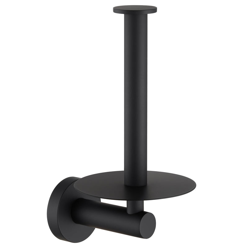 Vertical Tray Toilet Paper Holder, Aomasi 304 Stainless Steel Tissue Roll Hanger with Round Plate, Matte Black Bathroom Kitchen Paper Roll Dispenser Wall Mounted