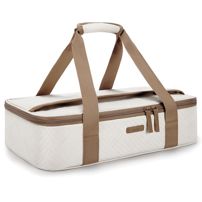 TOURIT Insulated Casserole Carrier for Hot or Cold Food Thermal Food Carrier for Picnic Cookouts Potluck Parties Fits 9" x 13" Baking Dish Beige Standard 16.93 x 11.02 x 4.72inch