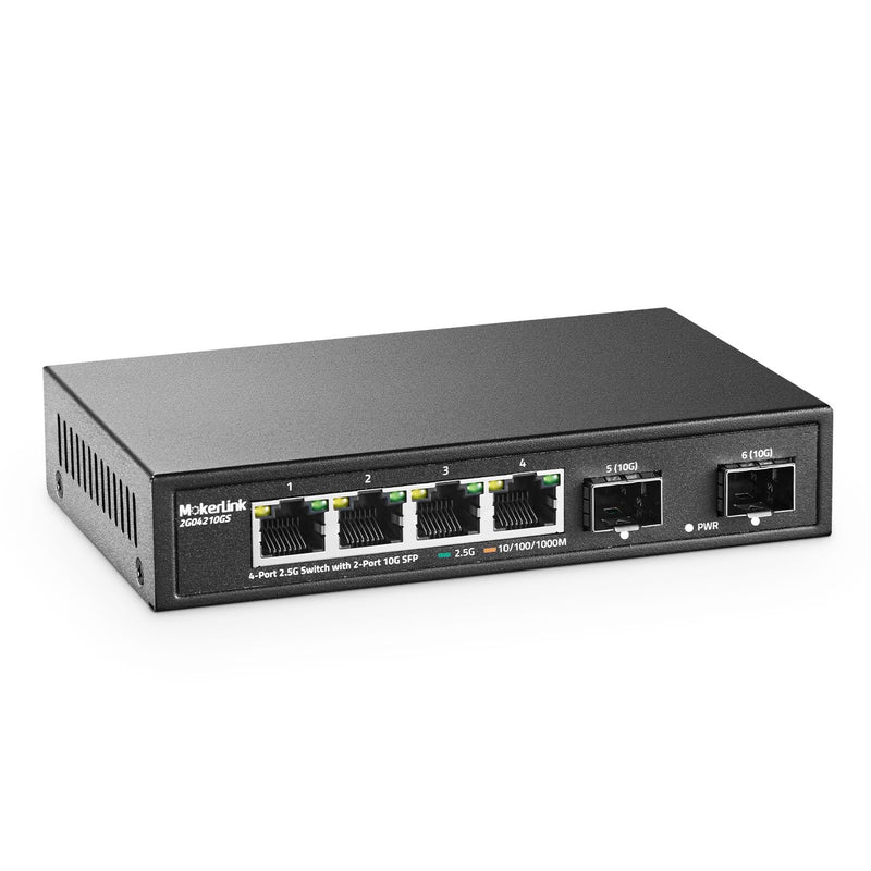 MokerLink 4 Port 2.5G Ethernet Switch with 2x10G SFP, 4 x 2.5G Base-T Ports Compatible with 10/100/1000Mbps, Metal Unmanaged Fanless Network Switch 4*2.5G,2*10G SFP