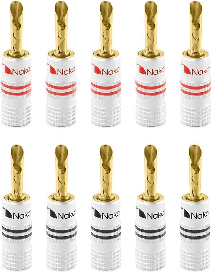 Nakamichi Excel Series 24k Gold Plated BFA Banana Plug 12-18 AWG Gauge Size 4mm for Speakers Amplifier Hi-Fi AV Stereo Home Theatre Audio Wire Cable Screw Connector, 10 Pcs (5-Pairs) 10 Pcs (5-Pairs)