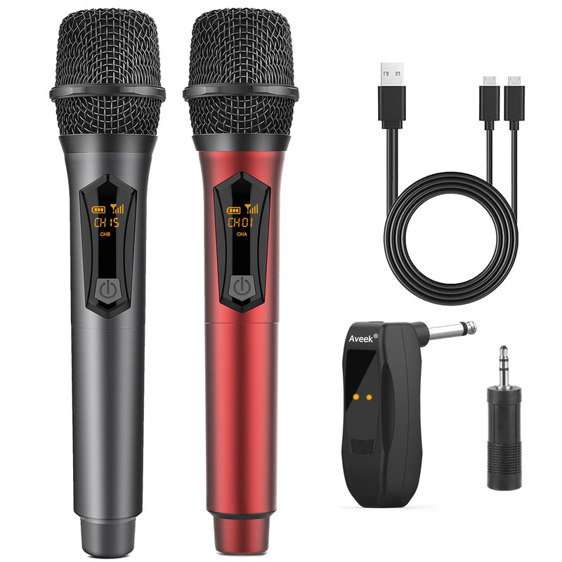 Aveek Wireless Microphone for Karaoke, 2.4GHz Rechargeable Karaoke Microphone(Work 10hs), for Speaker, Karaoke Machine,Church, Speech, Wedding, Party Singing, Grey&Red, 2 Packs red&gray