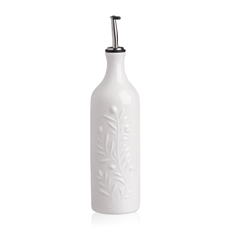 Sweejar Large Olive Oil Dispenser Bottle with Spout, 24 Oz Ceramic Oil Dispenser for Kitchen, Relief Opaque Oil Cruet, Oil Container for Cooking, EVOO, Avocado Oil, Vinegar, Pack of 1 (White) White Patterned styles