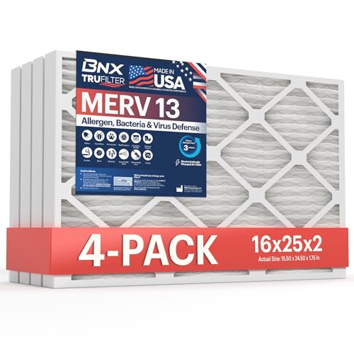 BNX TruFilter 16x25x2 Air Filter MERV 13 (4-Pack) - MADE IN USA - Electrostatic Pleated Air Conditioner HVAC AC Furnace Filters for Allergies, Pollen, Mold, Bacteria, Smoke, Allergen, MPR 1900 FPR 10