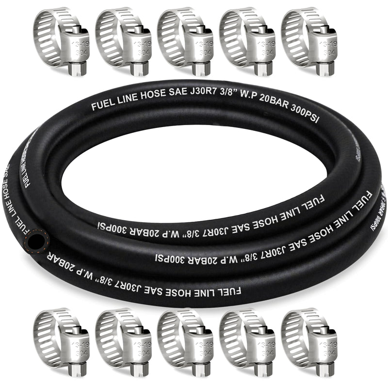 Fuel Line 3/8 Inch ID, Fuel Hose 10FT, J30R7 Fuel Line Hose NBR with 10 Clamps. 3/8" ID 10Ft + 10 Clamps