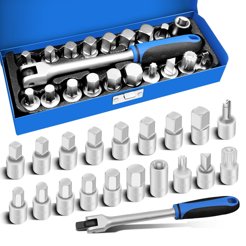20PCS 3/8" Drive Oil Drain Sump Plug Key Set, Drain Plug Socket Set, Gearbox Hex Square Triangle Torx Spline Socket Set, Engine Repair Mechanic tool