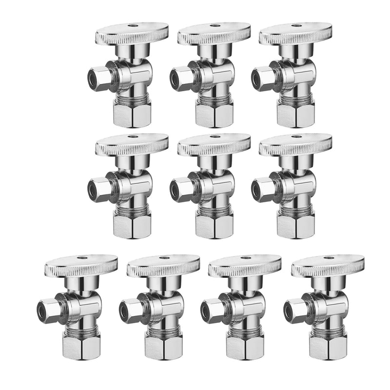 (10 Pack) BH Angle Stop Valve 1/2" Nominal Compression x 3/8" OD, 1/4-Turn Shut Off Valve, Chrome Plated Brass, for Bathroom Toilet Kitchen Shower Plumbing 10PCS