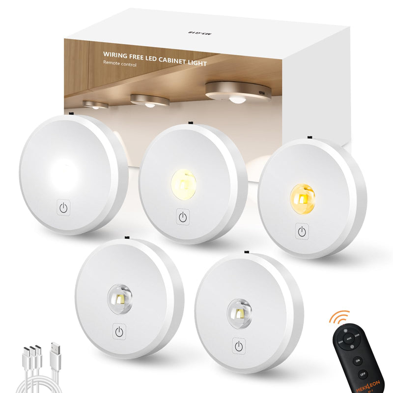 Puck Lights with Remote Control Rechargeable,Wireless Under Cabinet Lighting,2000mAh Battery Operated Tap Push Touch Light,Stick On Lights for Counter,Shelf,Bookcase (White, 5 Pcs) 5 PACK White