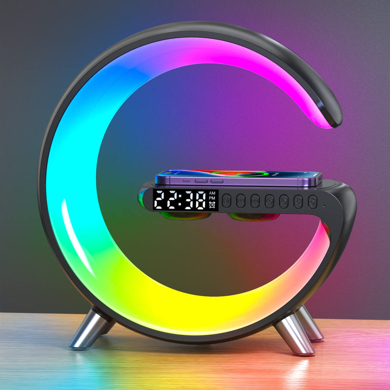 Smart Wireless Charging Alarm Clock with Bluetooth Speaker, App Controlled Bedside Lamp Table Light and Night Light, Bedroom Home Decor, Gift for Girls Boys and Family for Birthday Christmas (Black) Black 1 pack