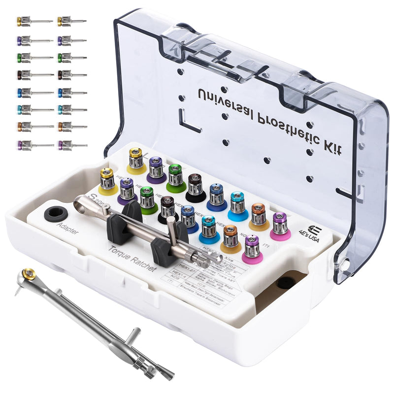 4E 4E'S USA Dental Implant Torque Wrench Set: Universal Prosthetic Kit with Torque Adjustable Ratchet & Screwdrivers 16pcs, 10-70Ncm, Fully Autoclavable