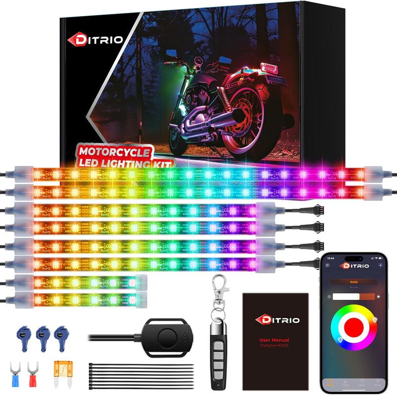 8Pcs Motorcycle Led Underglow Kit with Brake Turn Signal, Motorcycle RGB Lights with DITRIO APP/RF Remote Control, Dual Zone,12V Waterproof Pixelglow Effects for Motorcycles, Golf Carts, ATVs, UTVs 8PCS-(New 3 Control Mode)