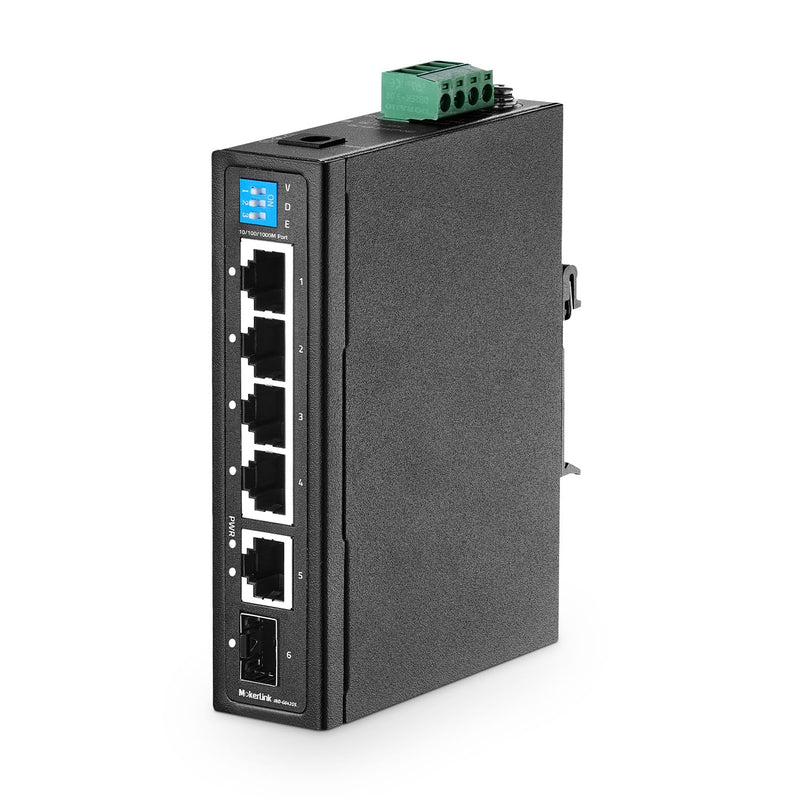 MokerLink 6 Port Industrial Din Rail Gigabit Switch - 4 x 100/1000Mbps Ports, 1 Gigabit Uplink, 1 SFP - Metal DIN-Rail & Wall Mount Ethernet Switch 6*1G