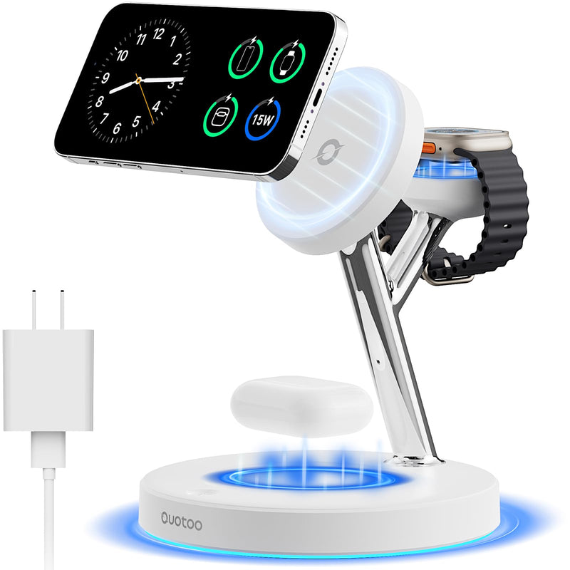 3 in 1 MagSafe Wireless Charger Stand for iPhone Apple Watch AirPods | Adjustable Blue Ambient Light,15W Magnetic Charging Station for iPhone 17 16 15 14 13 12 Series Wireless Charging Station White