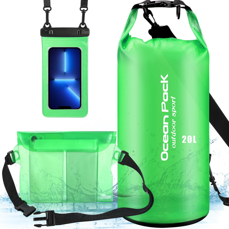 VZZNN Set of 3 Waterproof Dry Bag - 20L Lightweight Dry Sack with Waterproof Waist Pouch & Phone Case, Dry Storage Bag Backpack for Kayaking, Beach, Surfing, Swimming and Beach,Green Green 20L Dry Sack+Waist Bag+Phone Pouch