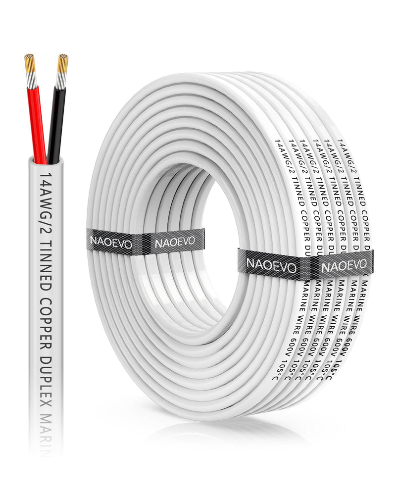 NAOEVO 14 Gauge Marine Wire Duplex, 14 AWG Stranded PVC Marine Electrical Wire, Waterproof/Corrosion Resistant/Tinned Copper Electrical Cable for Boat/Automotive/RV/Solar (30FT) 30ft